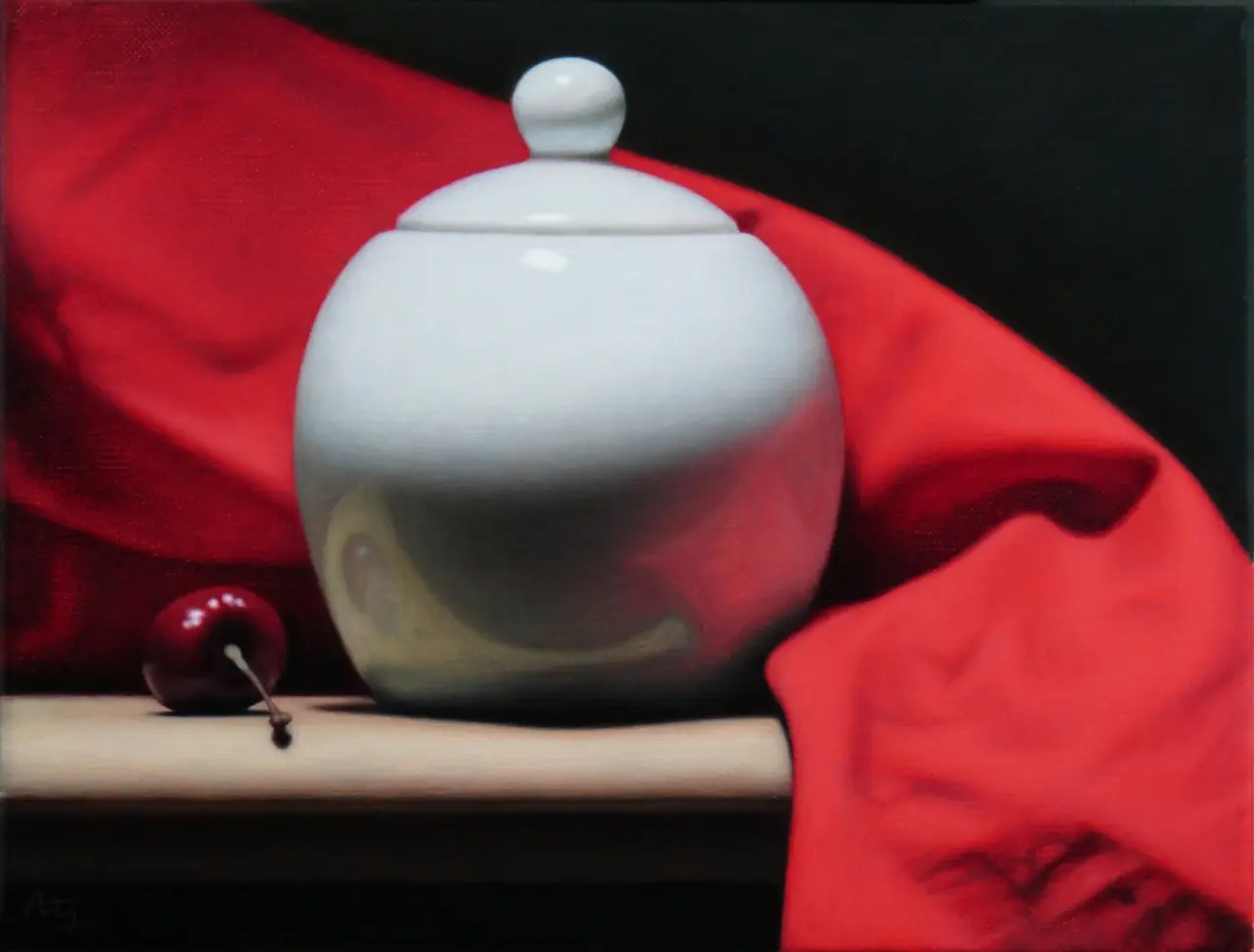Anthony Ellis - still life with sugar bowl and red drapery