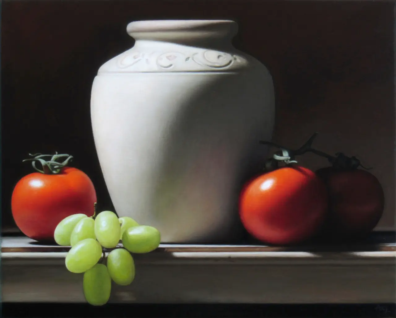 Anthony Ellis - still life with vase, tomatoes and grapes