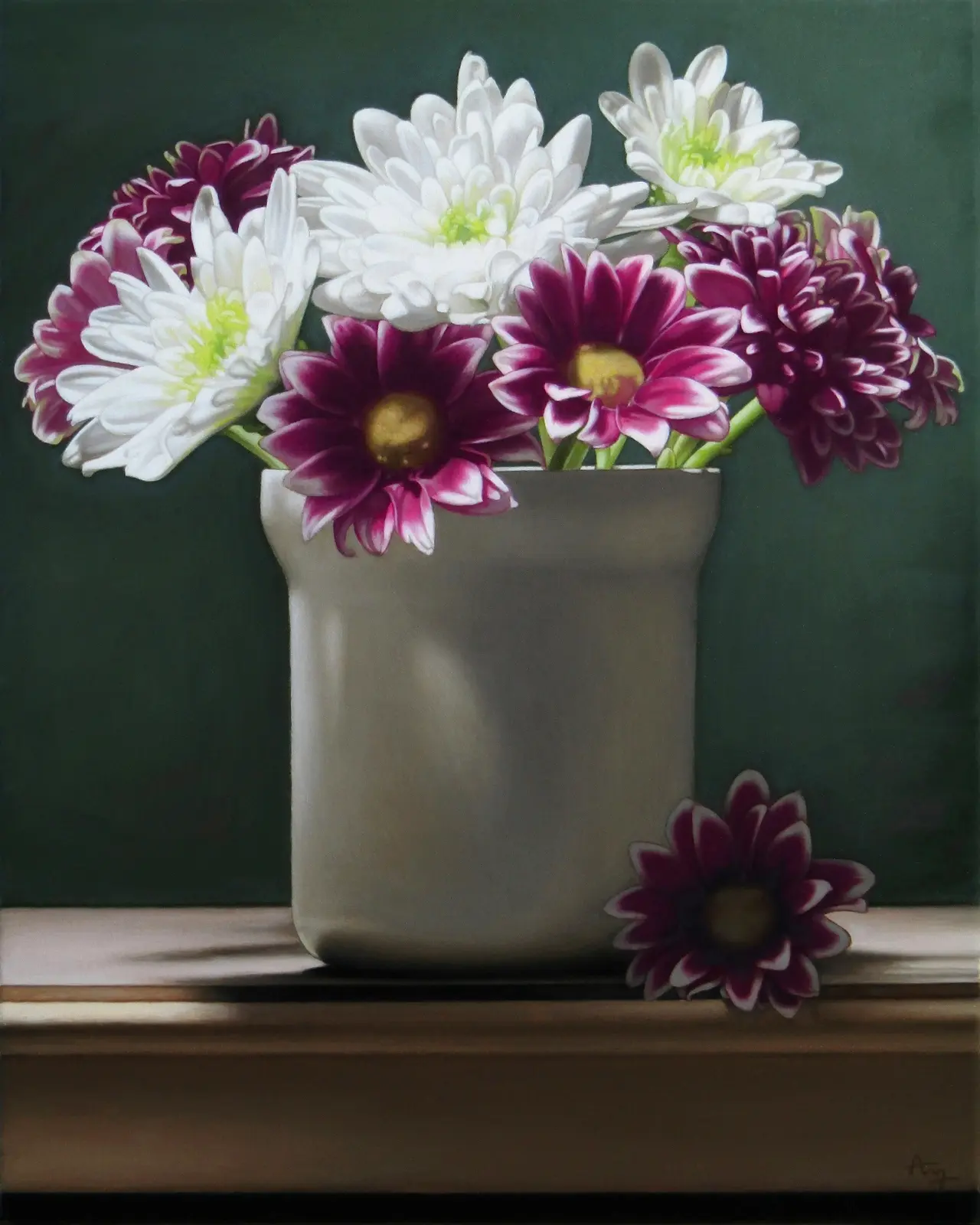 Anthony Ellis - still life with white and purple chrysanths