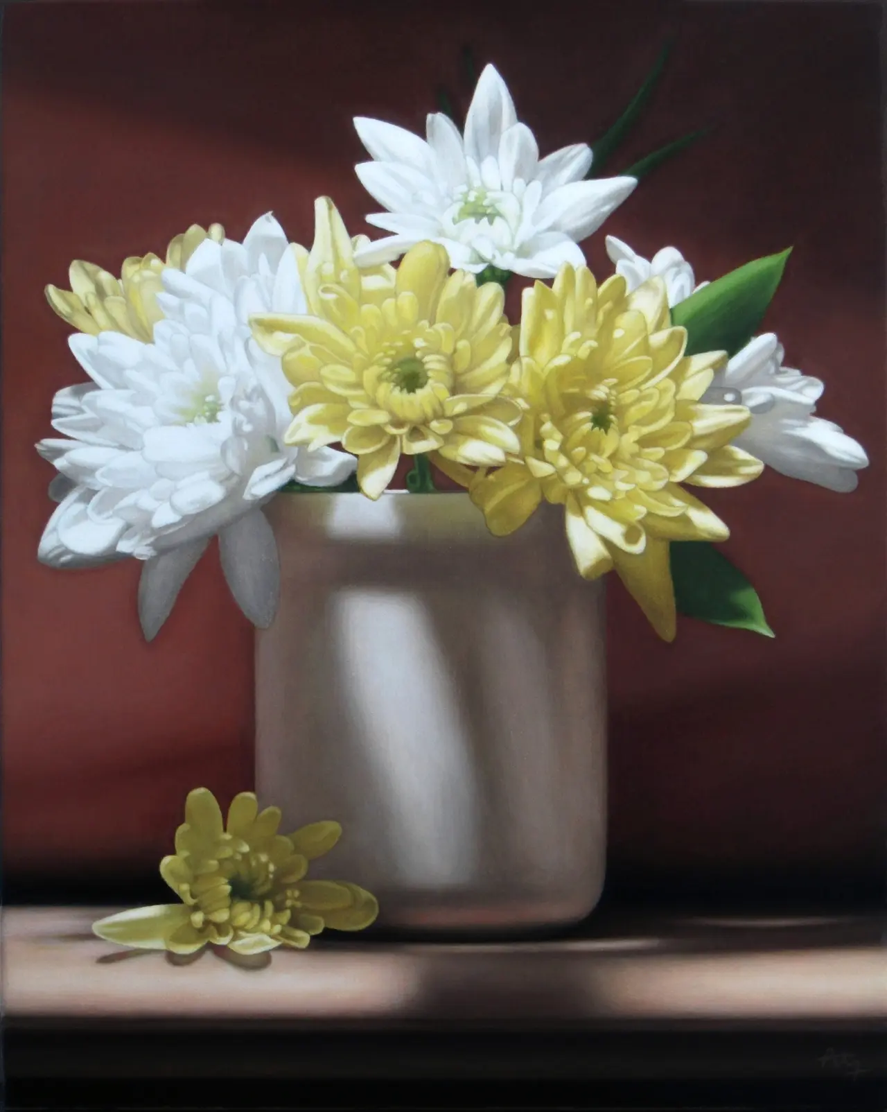 Anthony Ellis - still life with white and yellow chrysanths