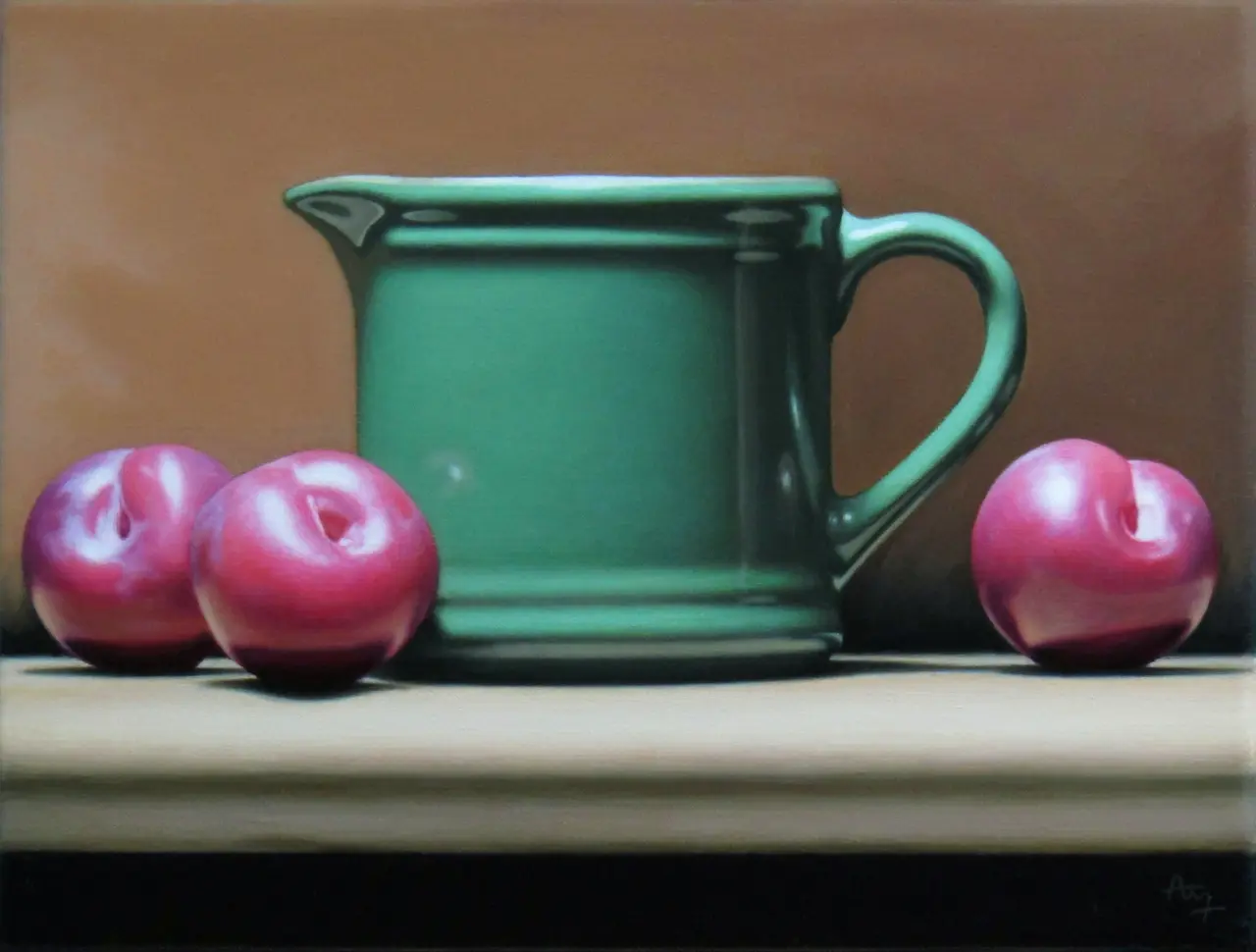 Anthony Ellis - still life with green mug and plums