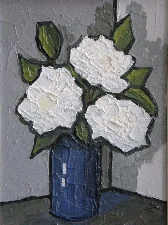 David Barnes - white roses and a blue vase