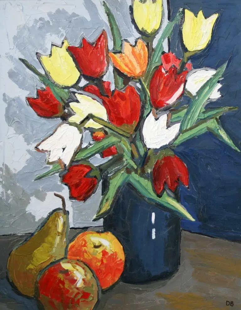 David Barnes - tulips, blue vase and fruits 