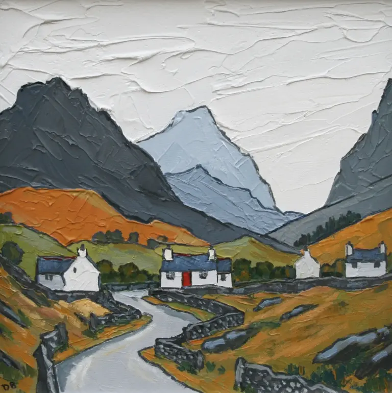 David Barnes - cottages and distant mountain