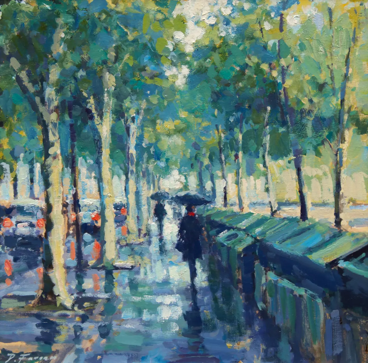 David Farren - umbrellas and reflections by the seine