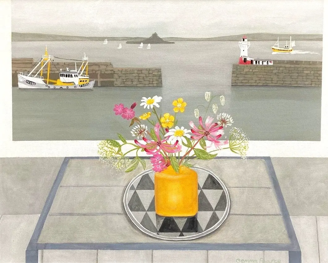Gemma Pearce - yellow vase, wild flowers and lighthouse