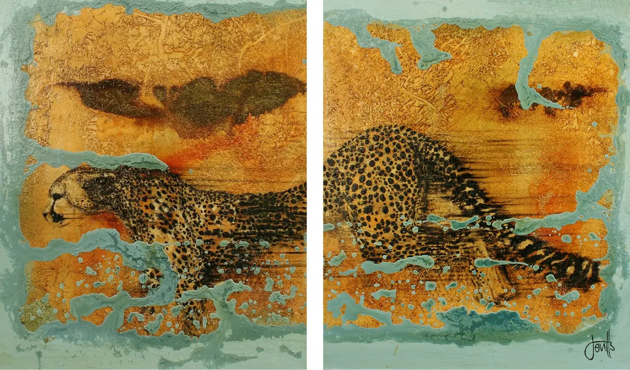 Jan Coutts - cheetah savannah downpour (diptych) 