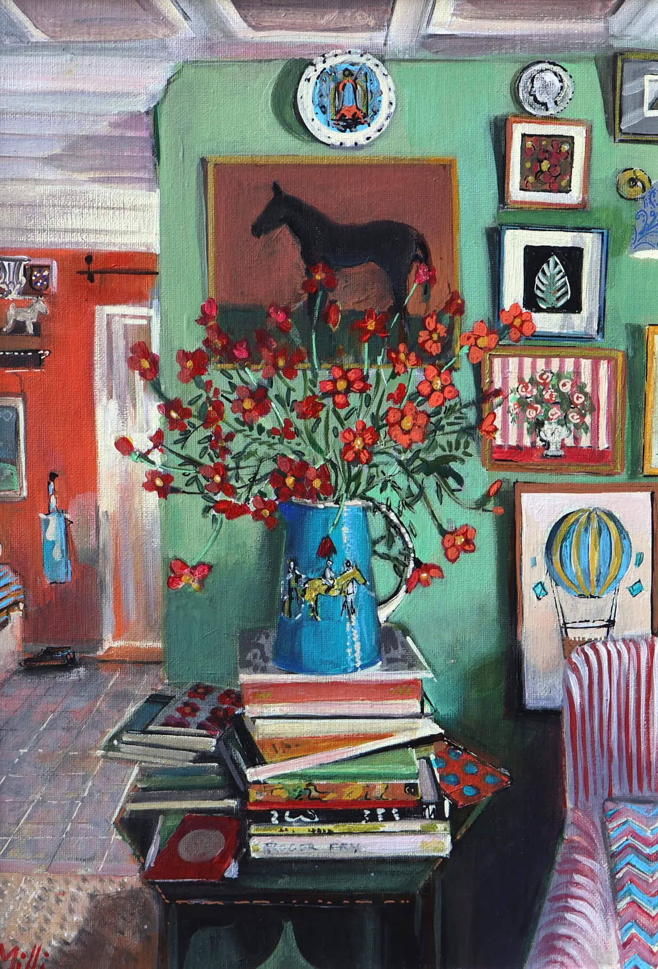 Louise Millin - green interior with flowers & books