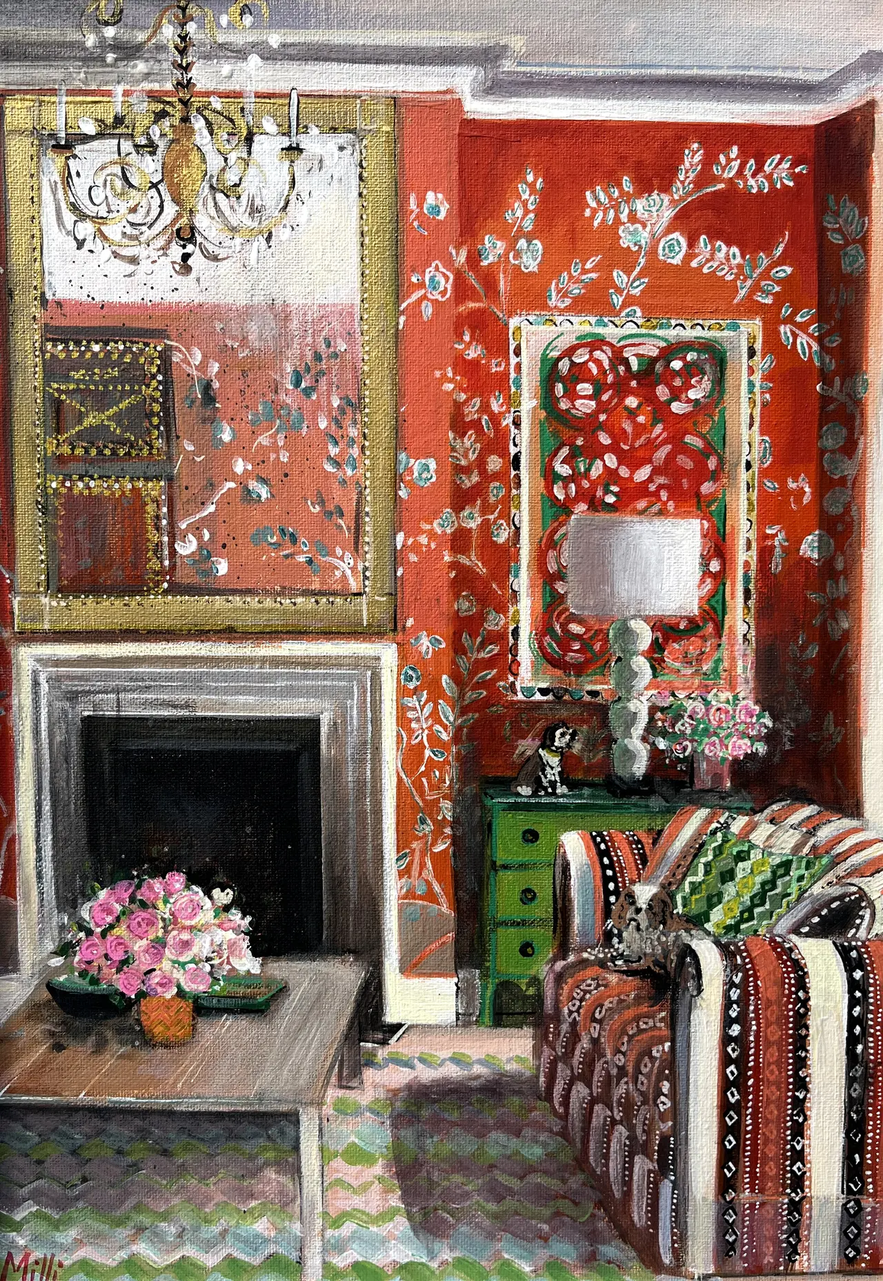 Louise Millin - floral orange wallpaper interior