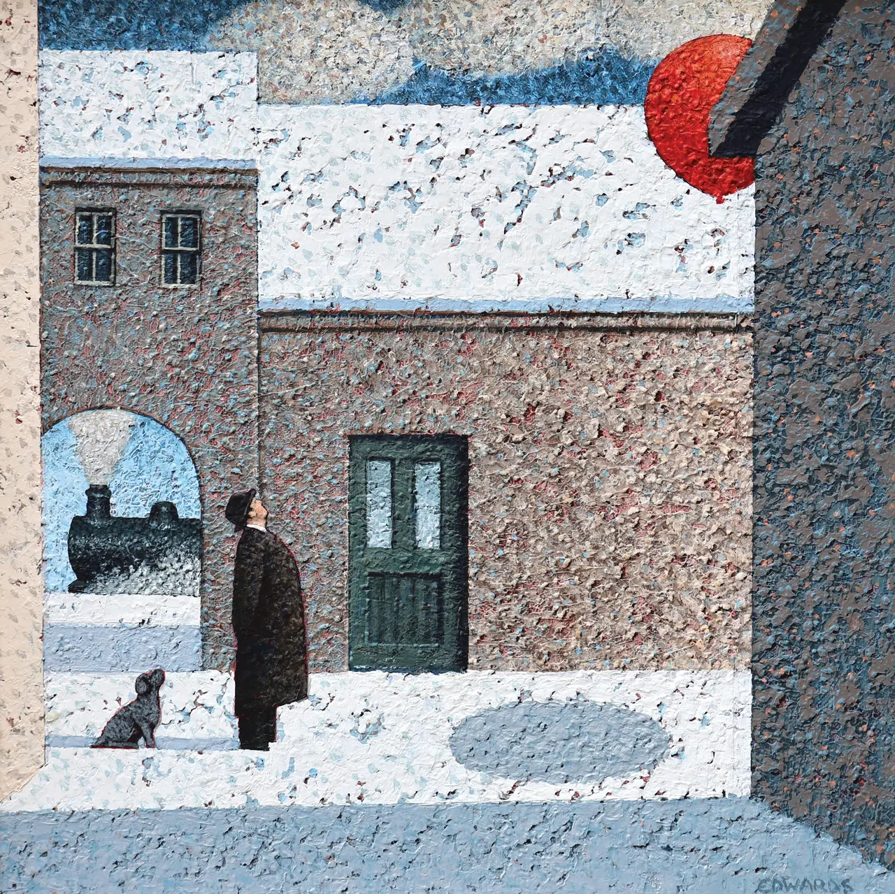 Mark Edwards - man and dog watch a red balloon