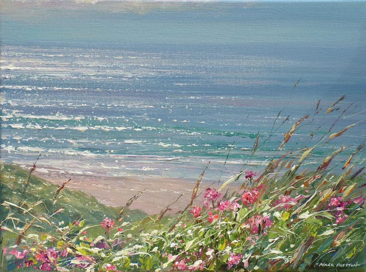Mark Preston - red valerian and glistening sea, sennen