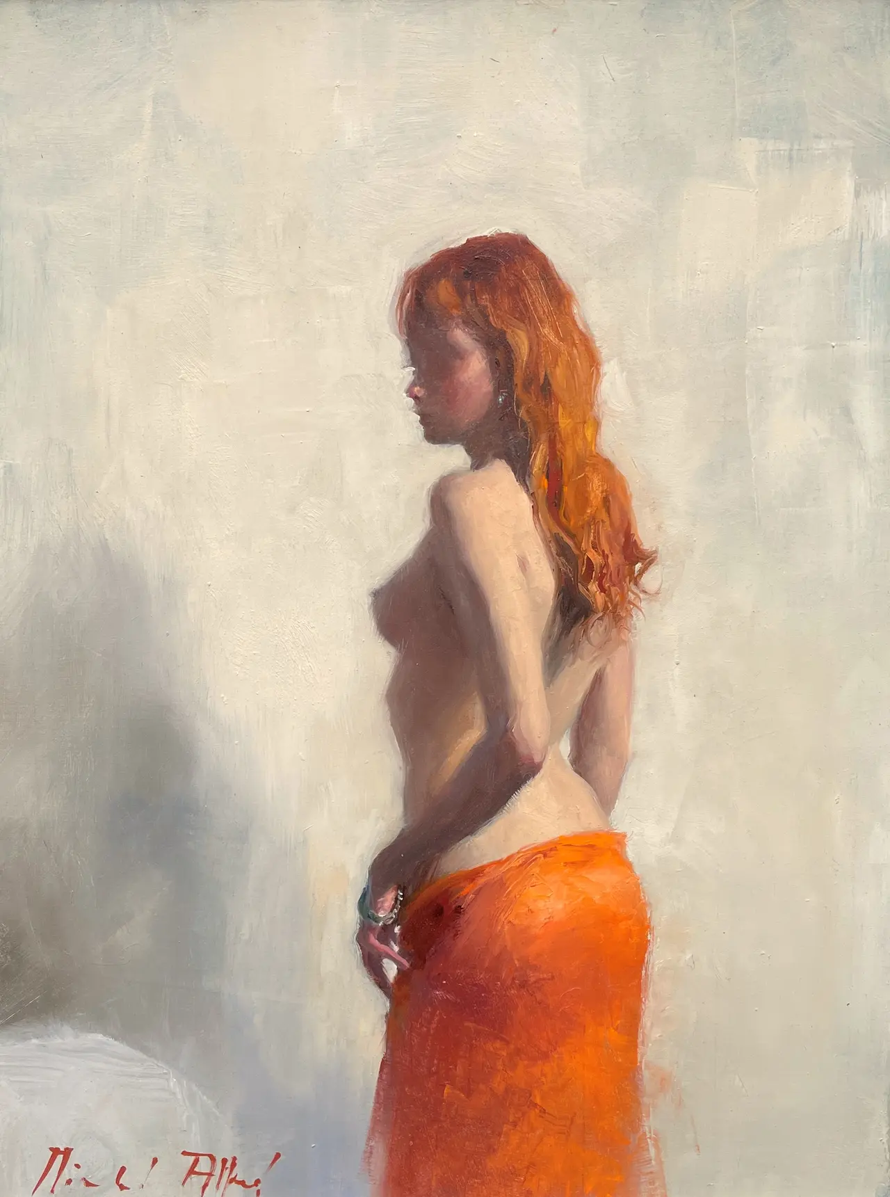 Michael Alford - standing nude with tangerine silk