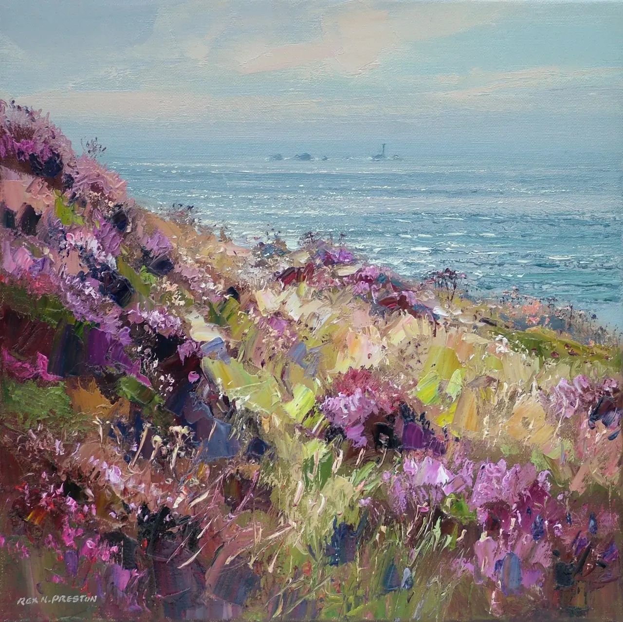 Rex Preston - clifftop heather, longships lighthouse