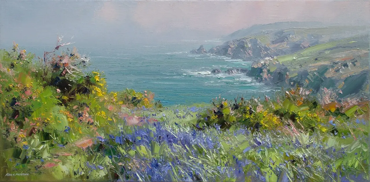 Rex Preston - bluebells and gorse, north cornish cliffs