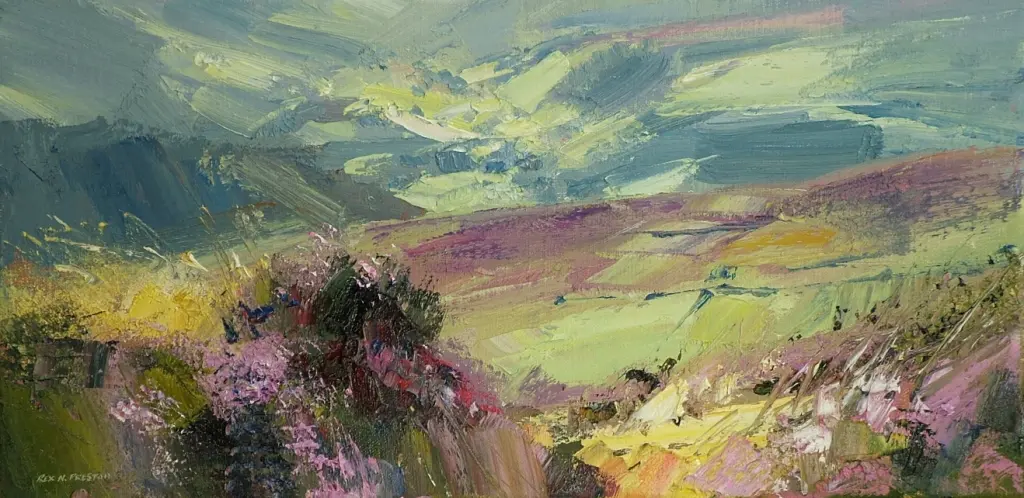 Rex Preston - sunlit valley from hallam moors