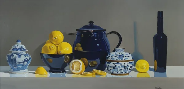 Rob Walker - blue enamel with oriental pottery and lemons