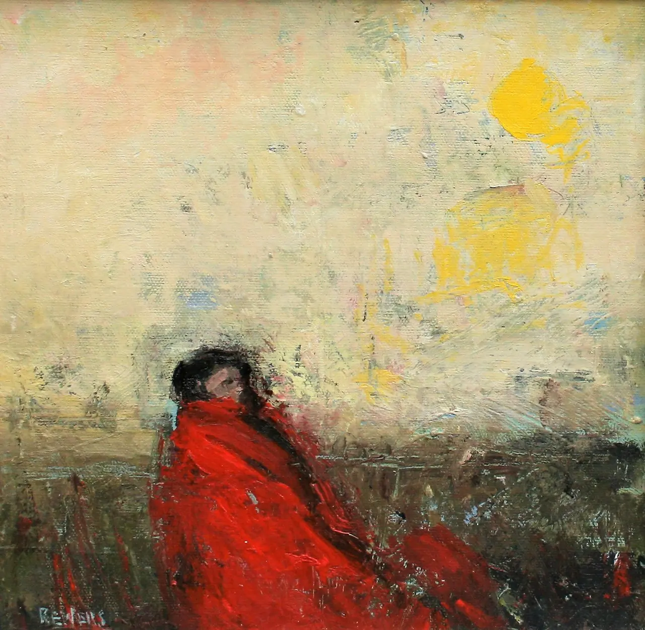 Robert E Wells - red blanket seated