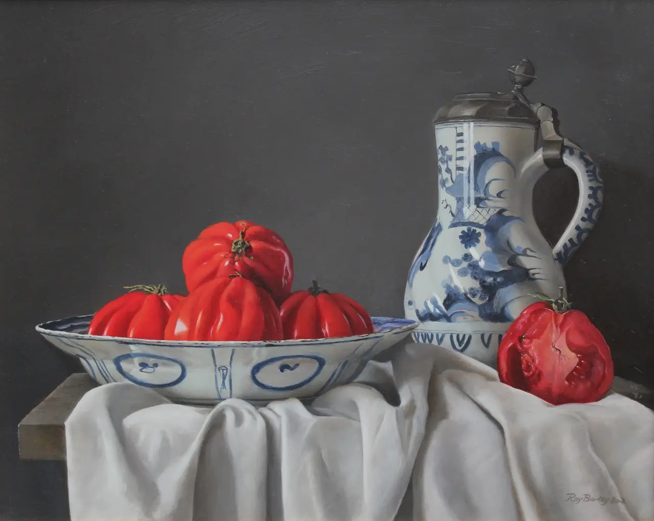 Roy Barley - spanish tomatoes in a kraak dish with delft jug