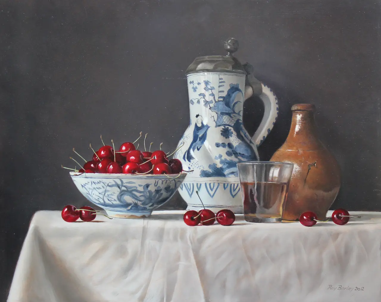 Roy Barley - cherries with delft jug