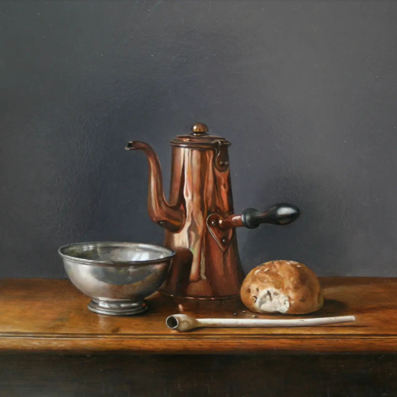 Roy Barley - chocolate pot, pewter bowl and bread roll