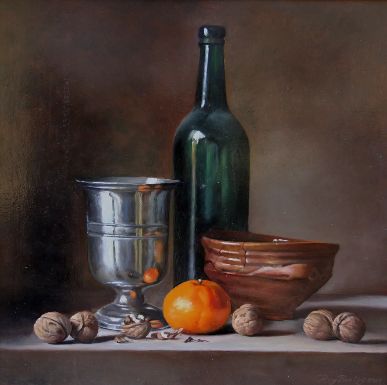 Roy Barley - bottle with silver cup, tangerine and nuts 