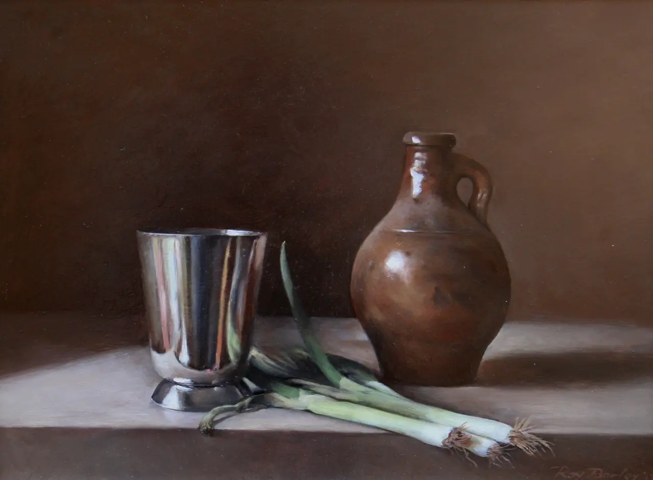 Roy Barley - silver cup, brown jug with spring onions