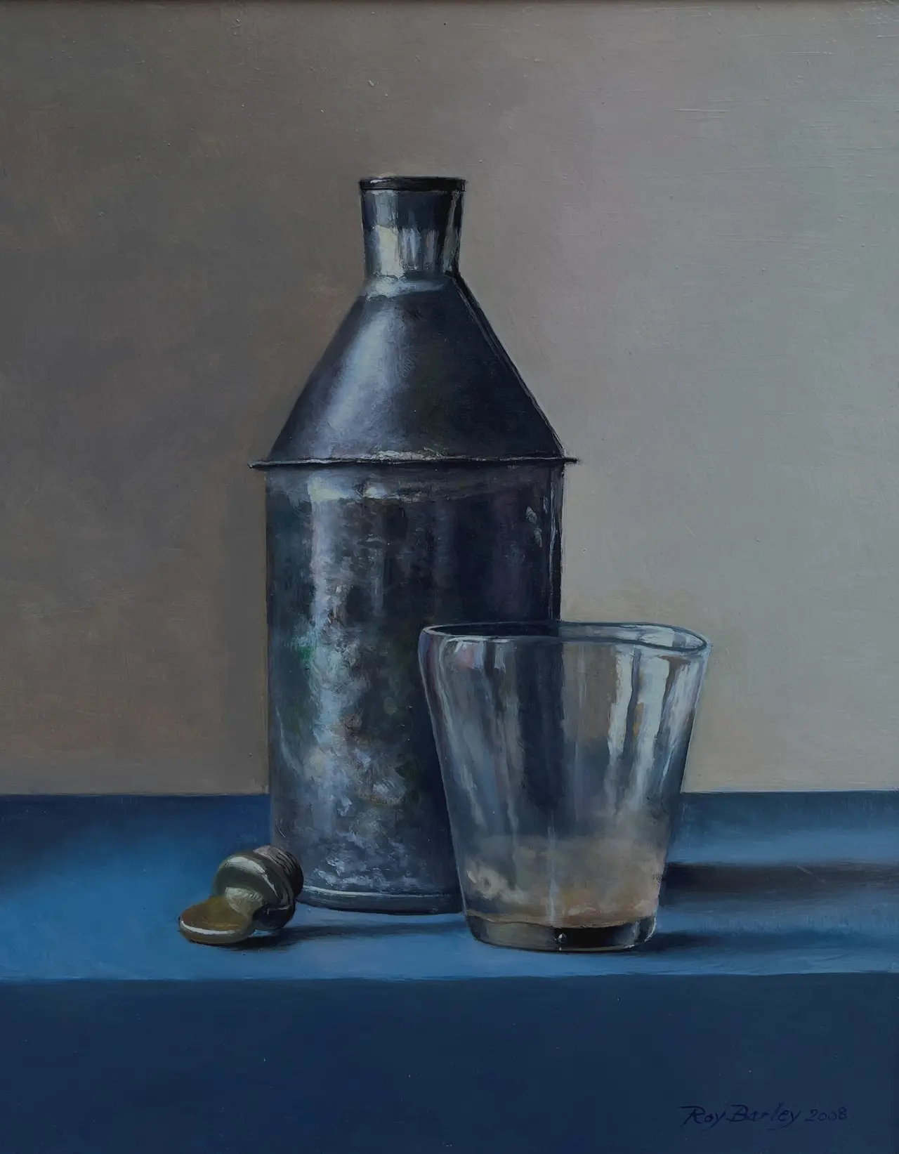 Roy Barley - tin bottle with brass stopper and glass tumbler