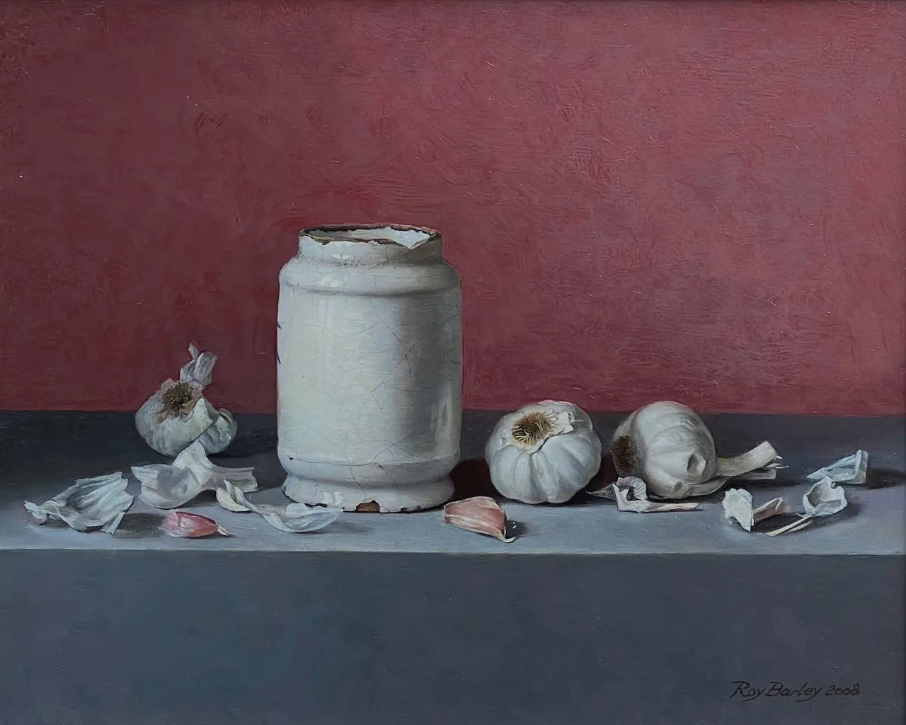Roy Barley - old white delft pot with garlic