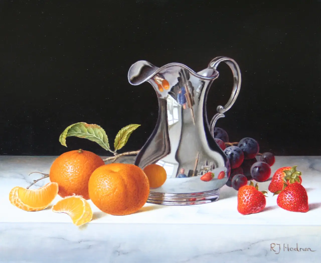 Roy Hodrien - silver jug with clementines and strawberries