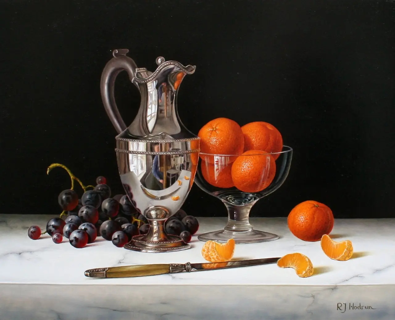 Roy Hodrien - silver flagon with black grapes and mandarins