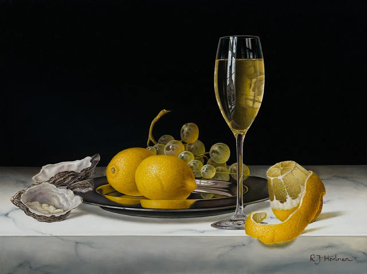Roy Hodrien - white wine with lemons and oysters