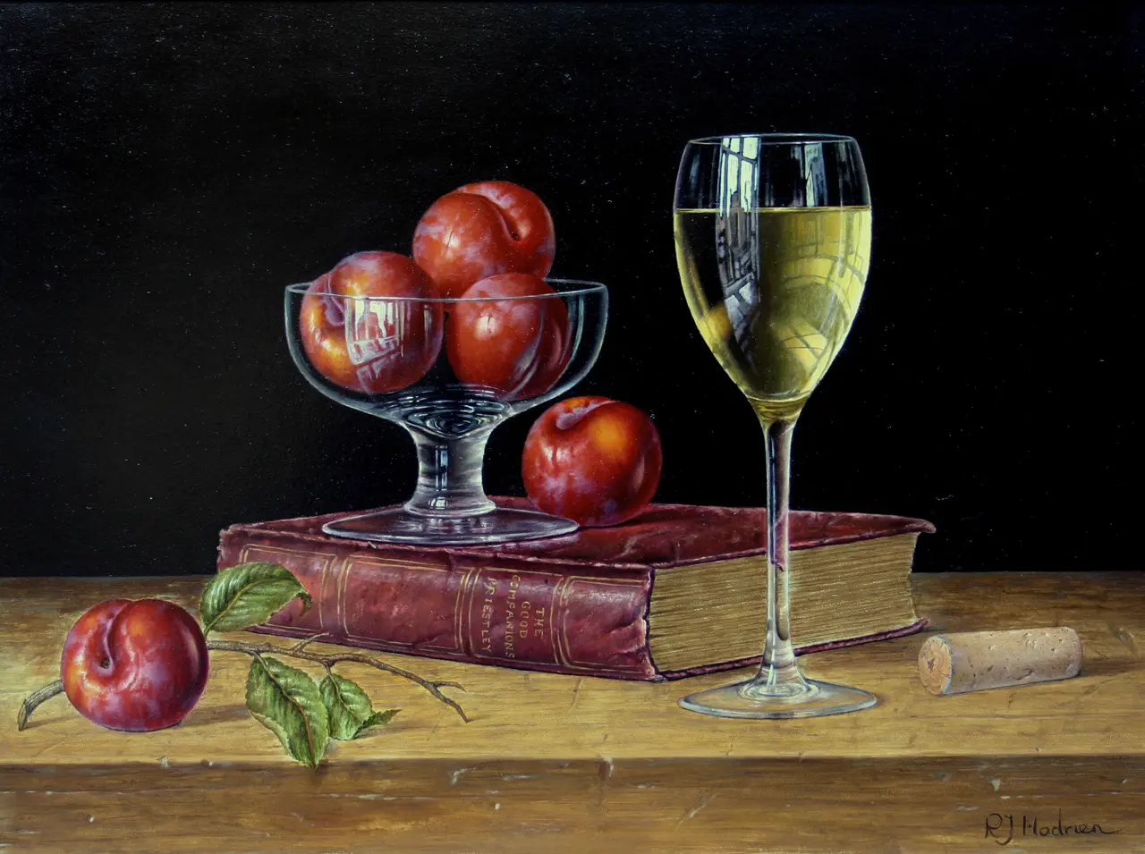 Roy Hodrien - white wine with plums and book