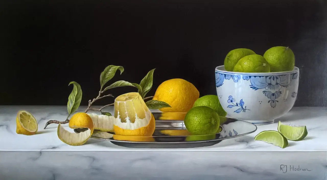 Roy Hodrien - lemons on a silver plate with limes