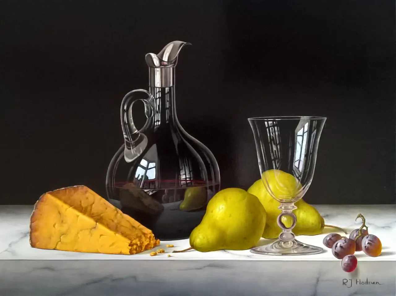 Roy Hodrien - red wine decanter with cheese and pears