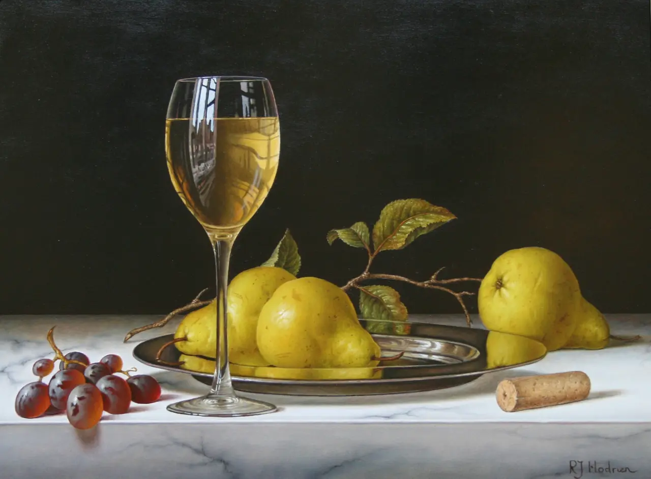 Roy Hodrien - white wine with pears and grapes on a silver plate