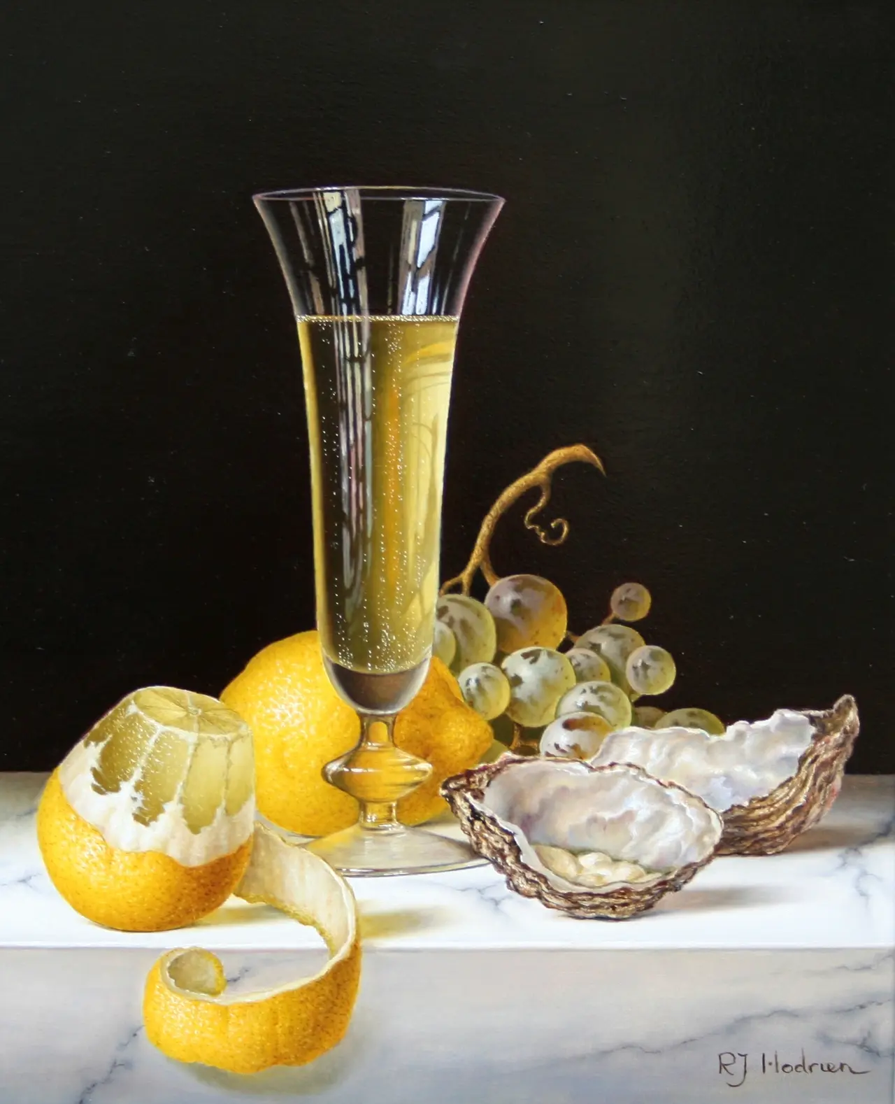 Roy Hodrien - champagne with oysters and peeled lemon