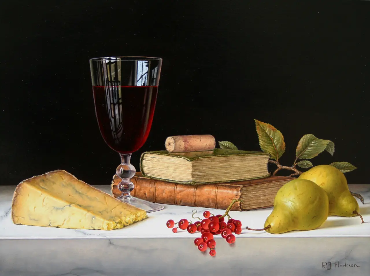Roy Hodrien - red wine with pears and books