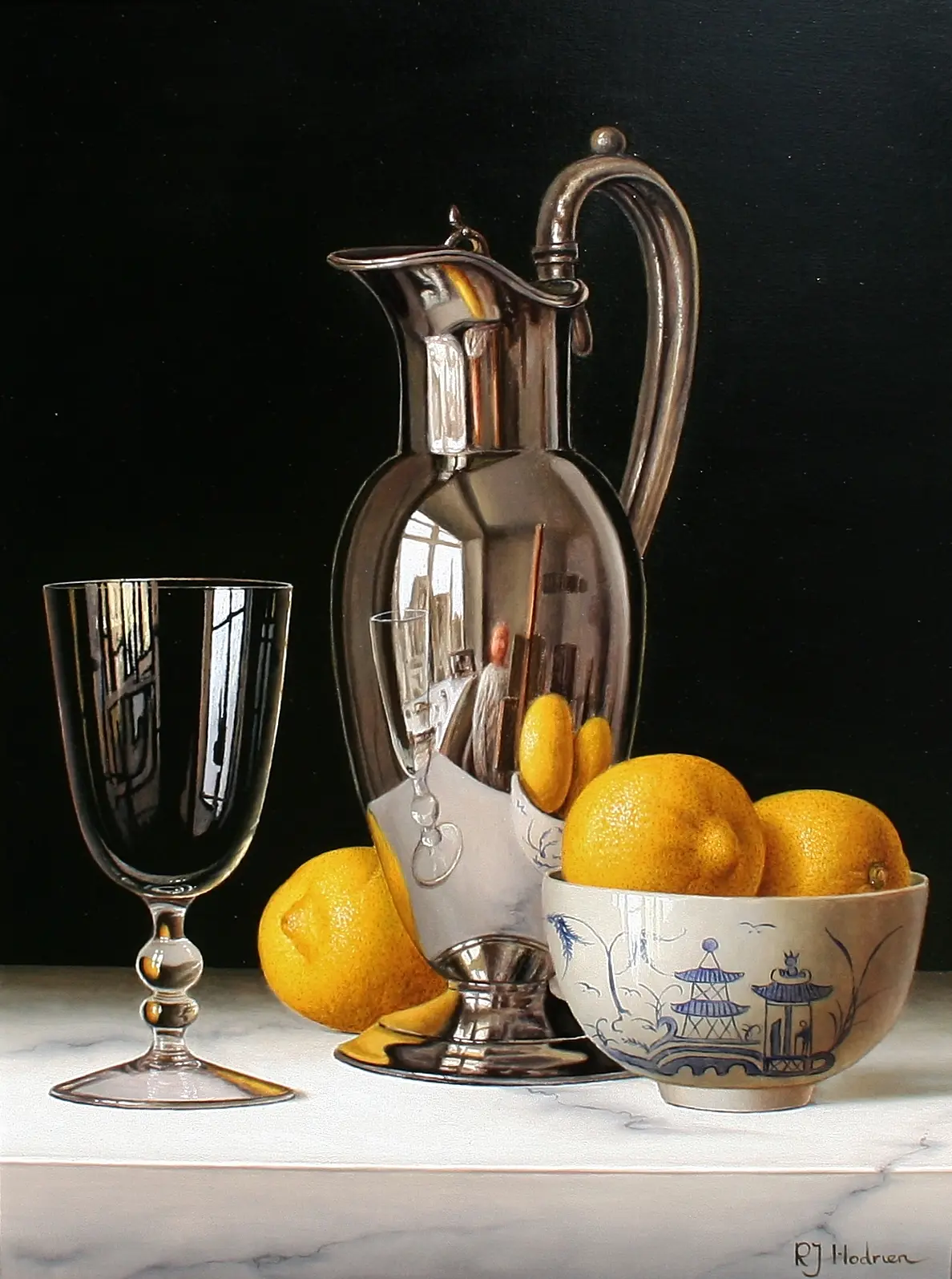 Roy Hodrien - silver flagon with lemons in chinese bowl
