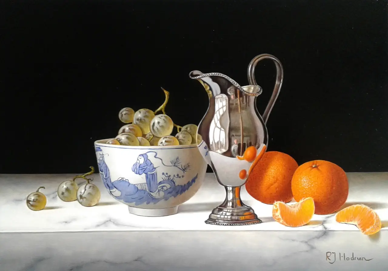 Roy Hodrien - silver jug with mandarins and chinese bowl