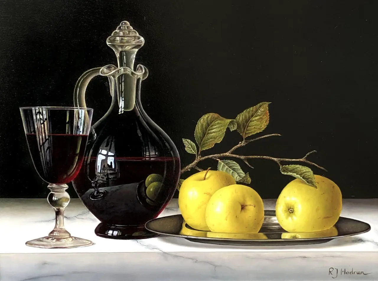 Roy Hodrien - red wine with apples on a silver plate