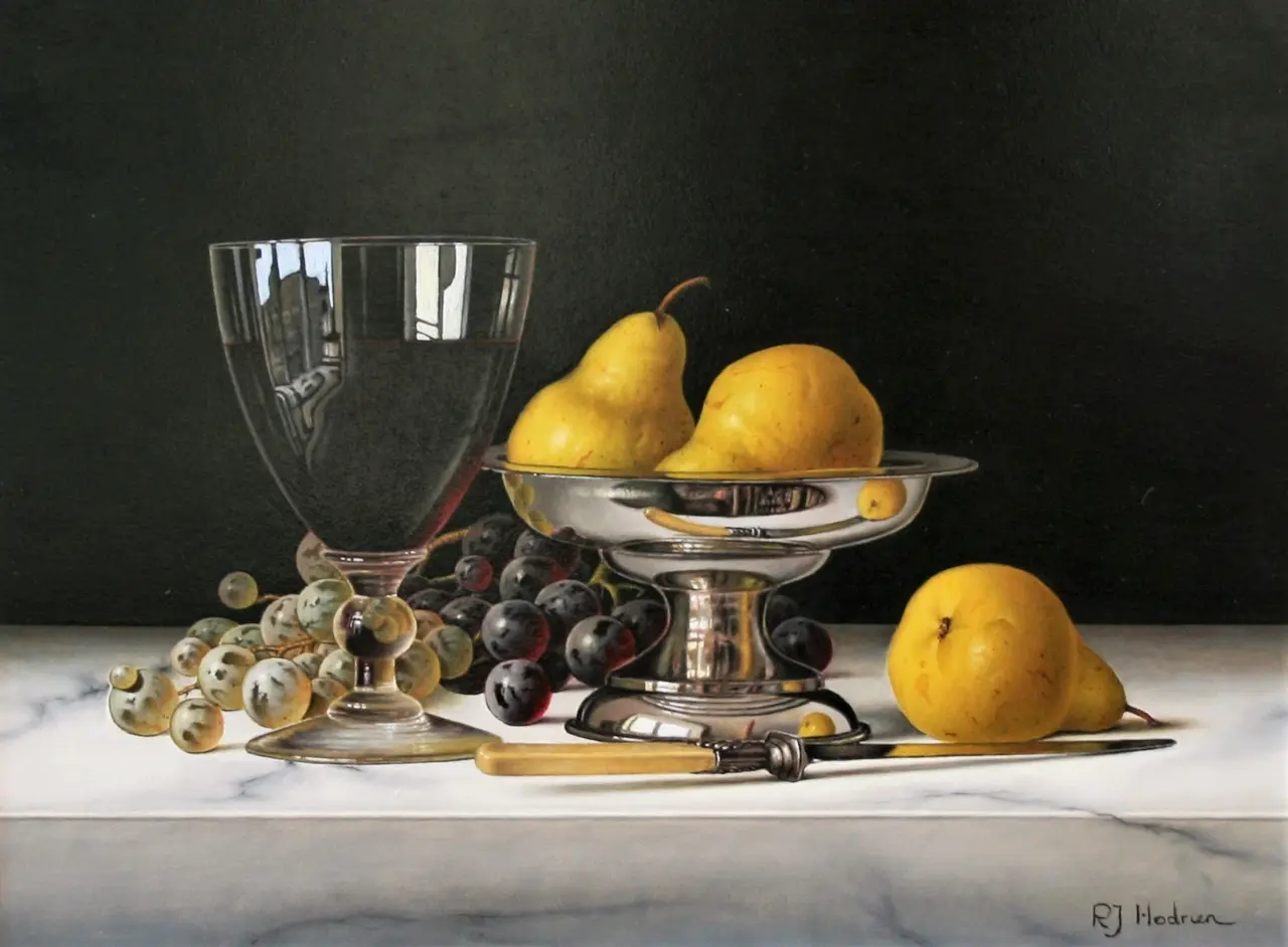 Roy Hodrien - pears in a silver dish with red wine