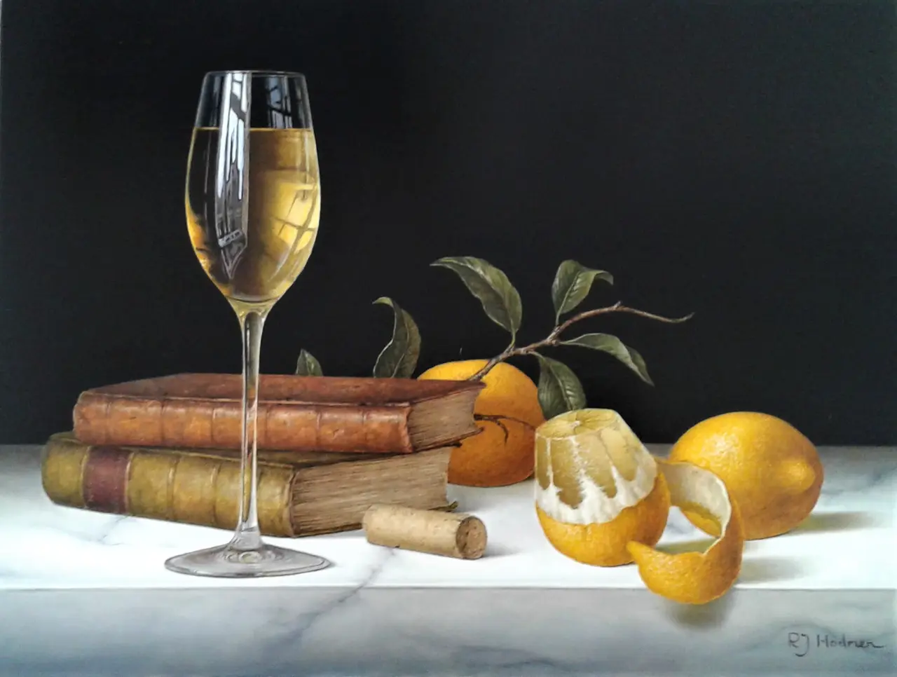 Roy Hodrien - white wine with peeled lemon and books