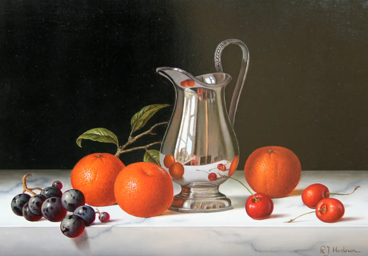 Roy Hodrien - silver jug with cherries and mandarins