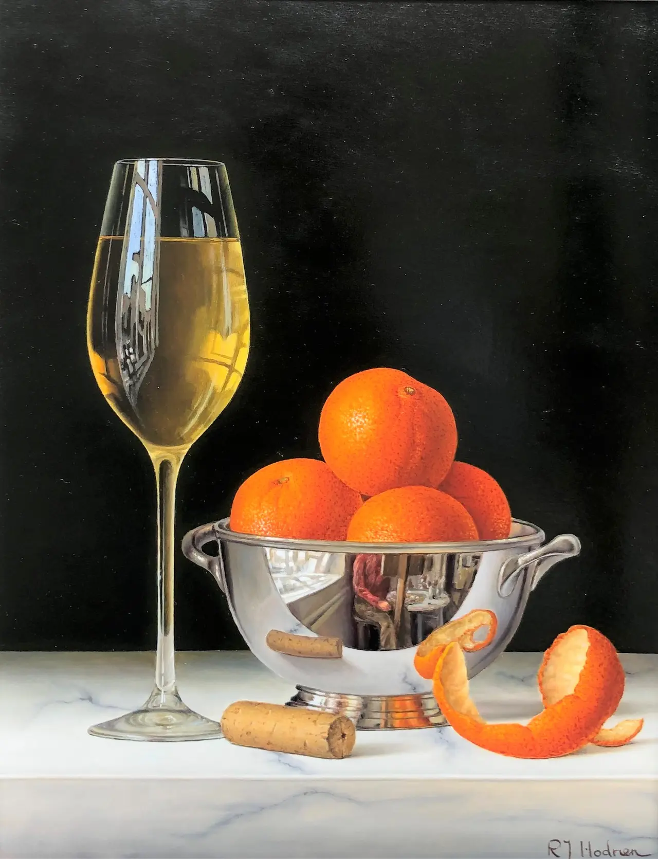 Roy Hodrien - white wine with mandarins and silver bowl