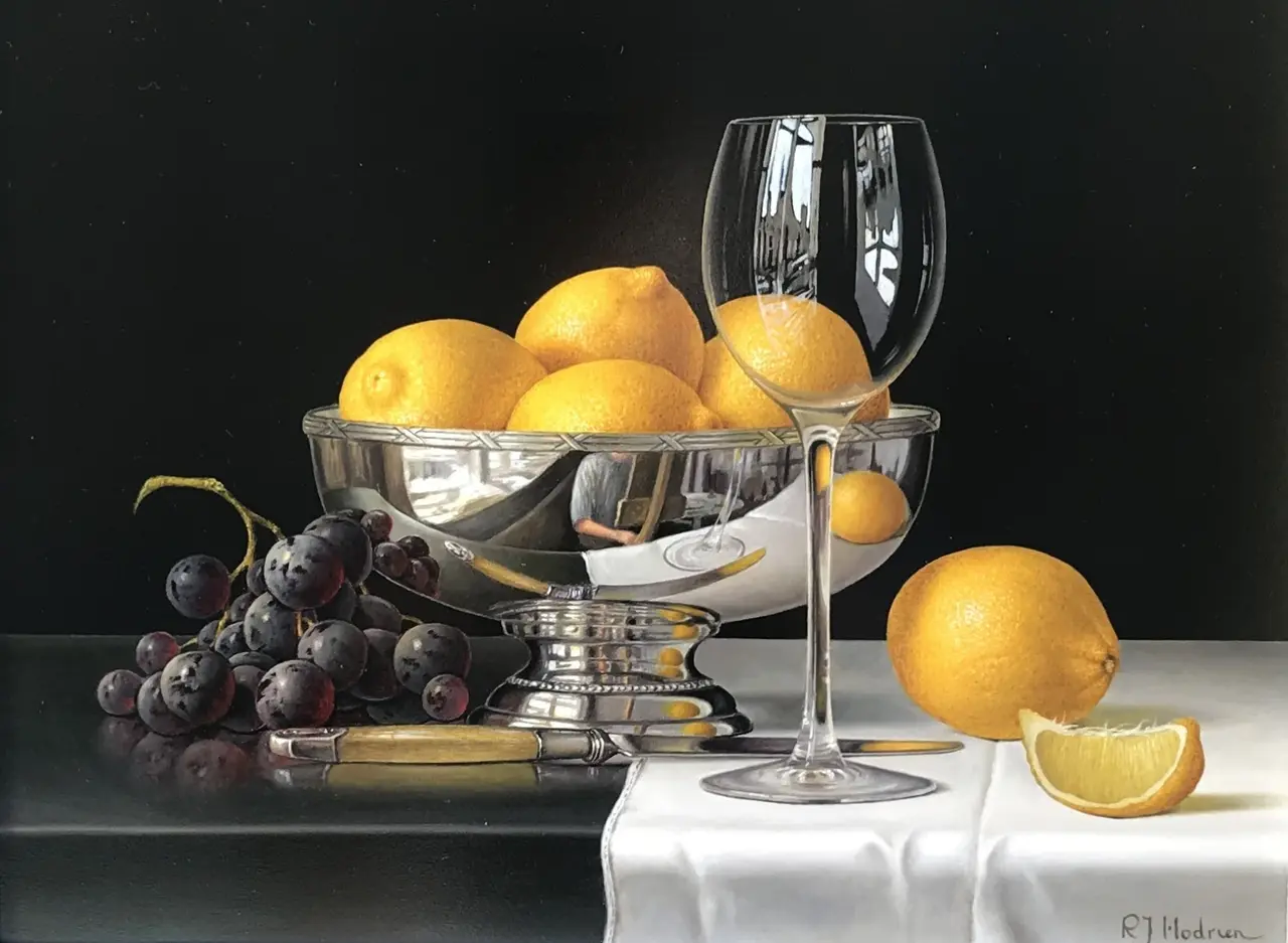 Roy Hodrien - silver bowl with lemons and grapes