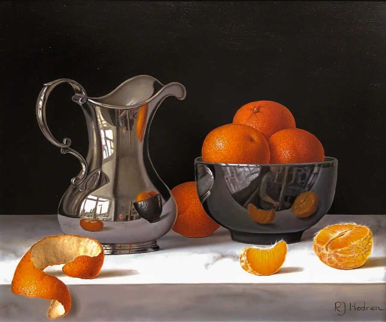 Roy Hodrien - mandarins, black bowl and silver jug