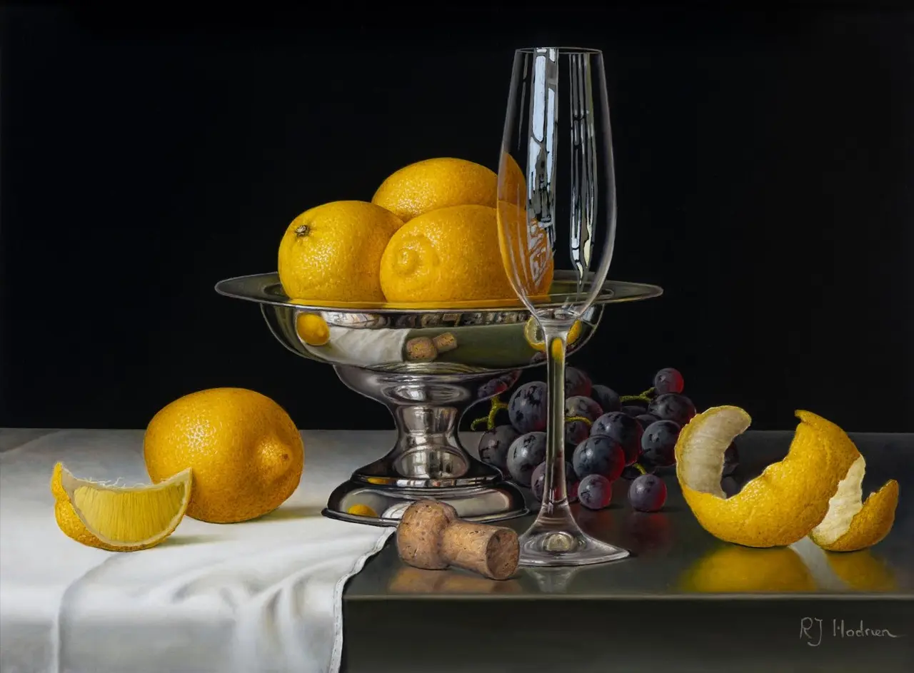 Roy Hodrien - lemons, silver bowl and grapes