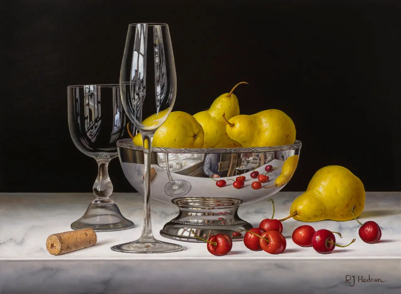 Roy Hodrien - silver bowl with pears and cherries