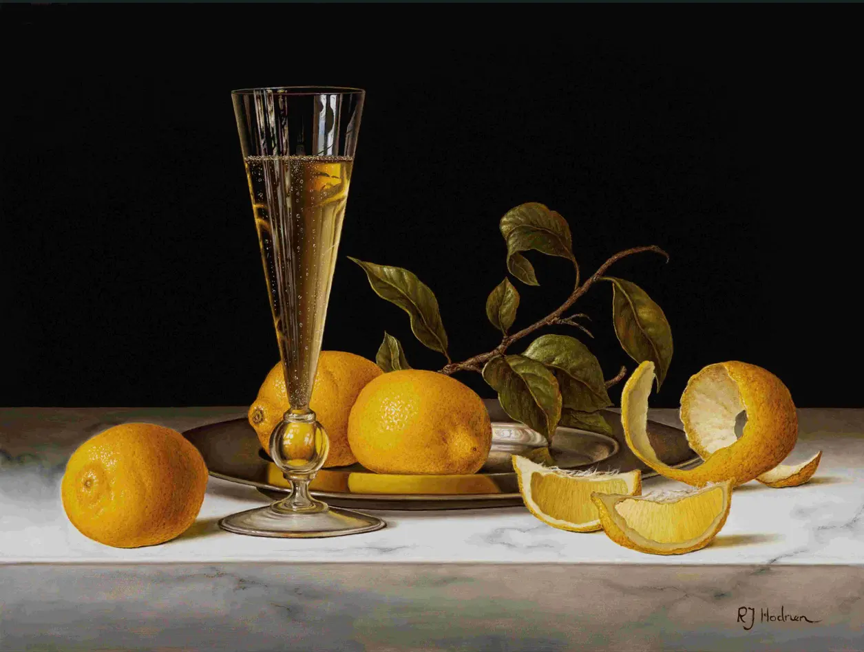 Roy Hodrien - silver plate with lemons and champagne