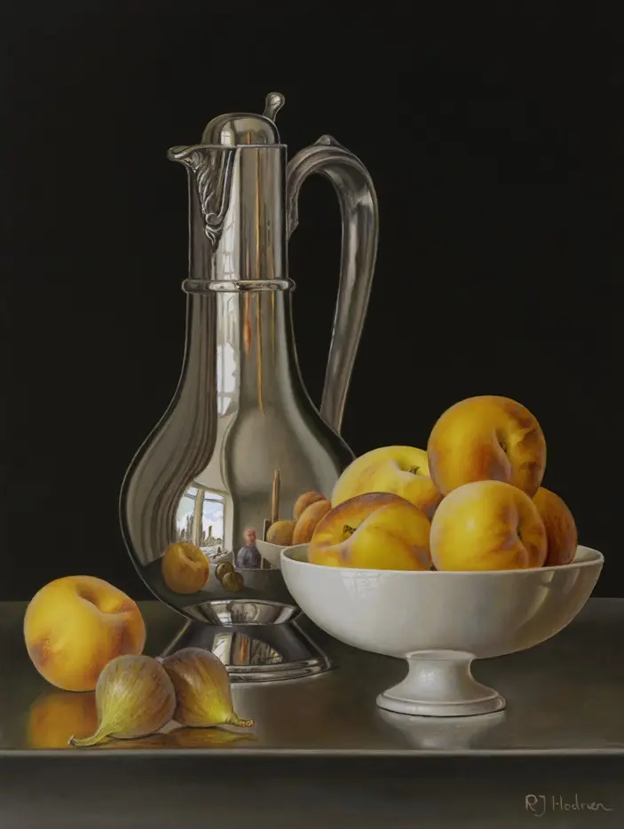 Roy Hodrien - silver flagon with bowl, peaches and figs